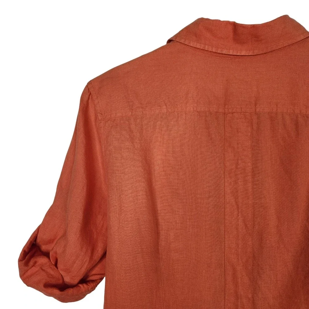 THOMAS PINK Shirt Womens US 12 Orange Pure Linen Button Front Roll‎ Tab Top